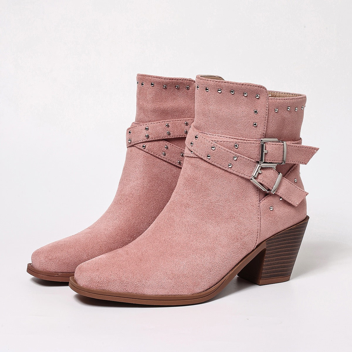 Talia studded buckle Western ankle boots in pink, product view