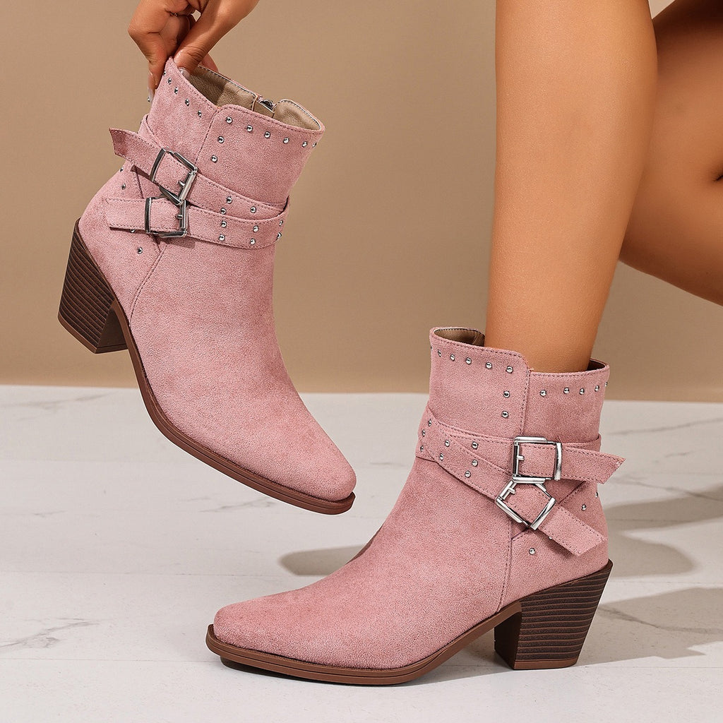 Talia pink Western ankle boots, side lifestyle view