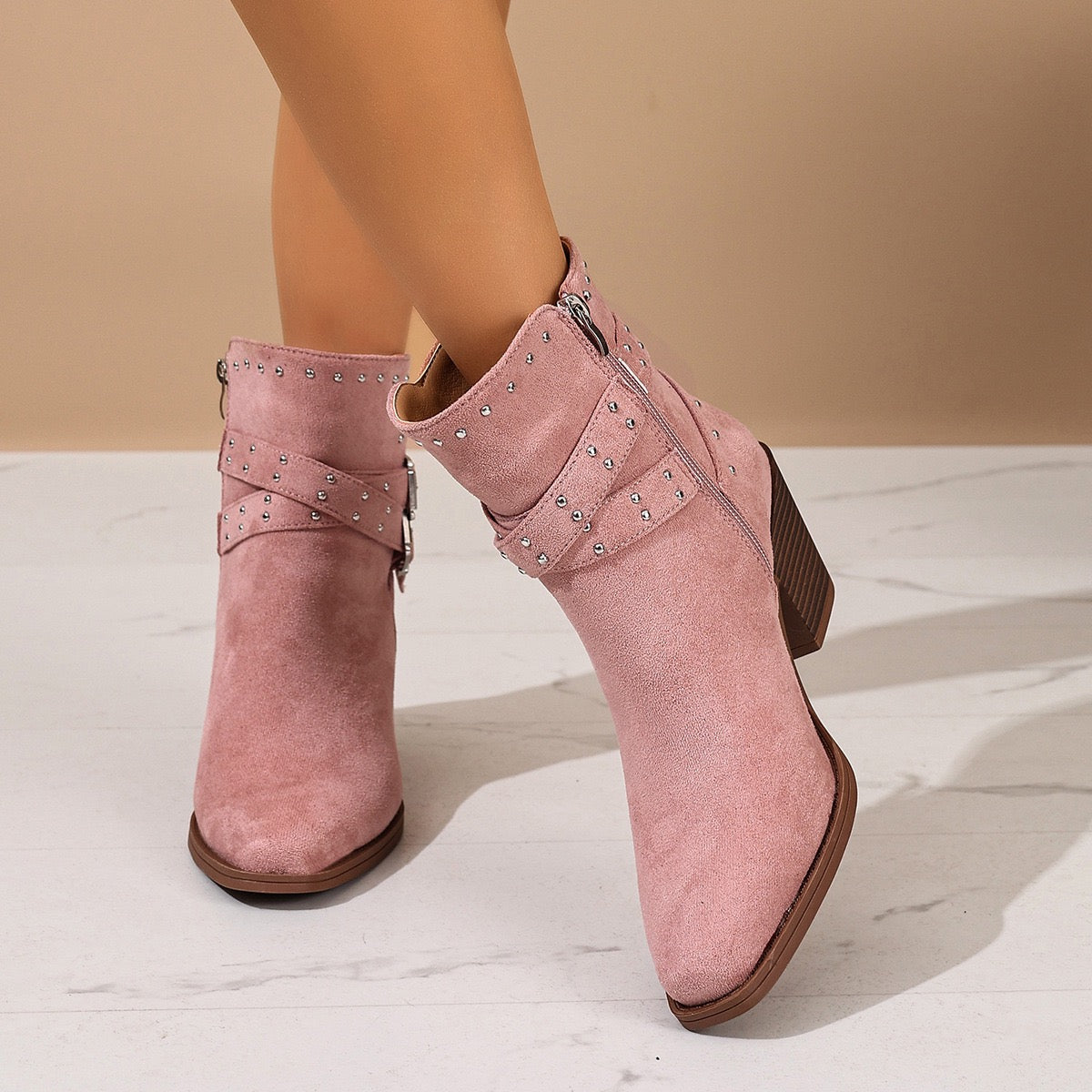 Talia pink Western ankle boots, front lifestyle view