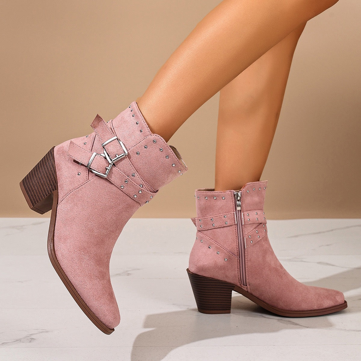 Talia pink Western ankle boots, walking lifestyle view
