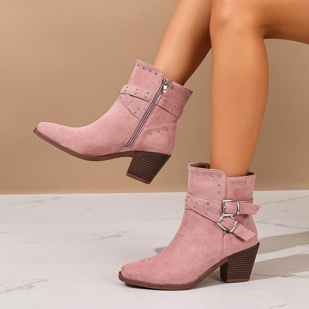 Talia pink Western ankle boots, side profile lifestyle view
