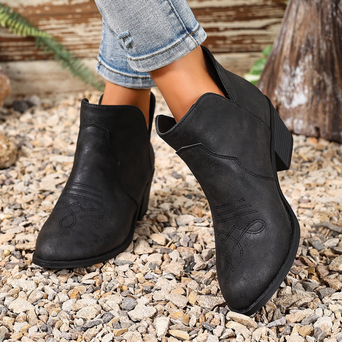 Willa black Western ankle boots, walking lifestyle view