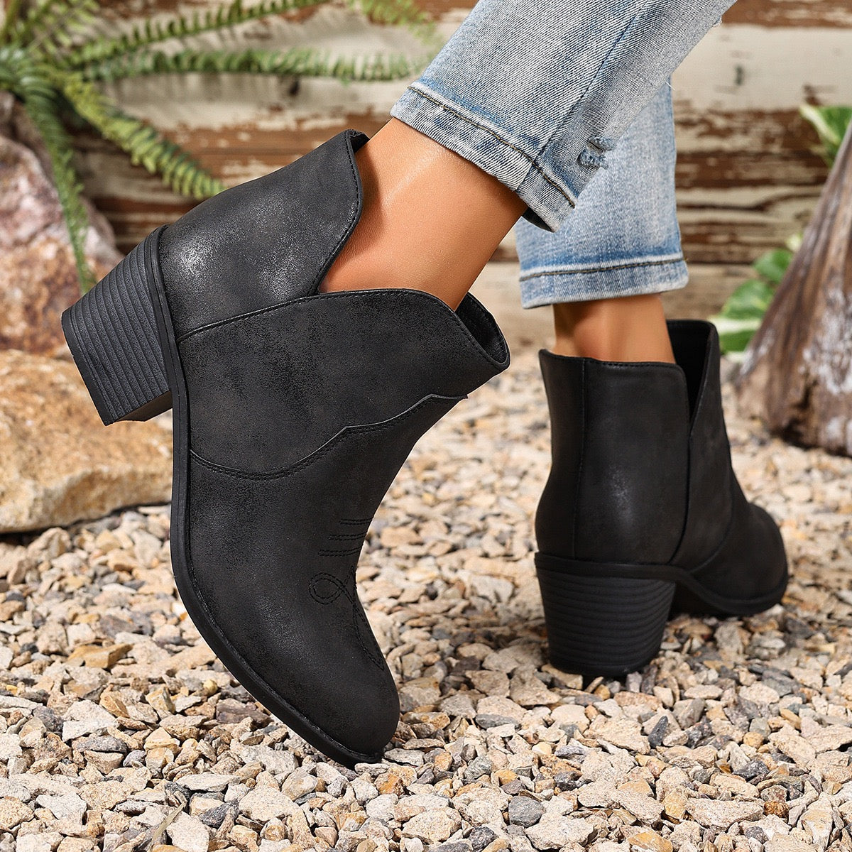 Willa black Western ankle boots, rear and side lifestyle view