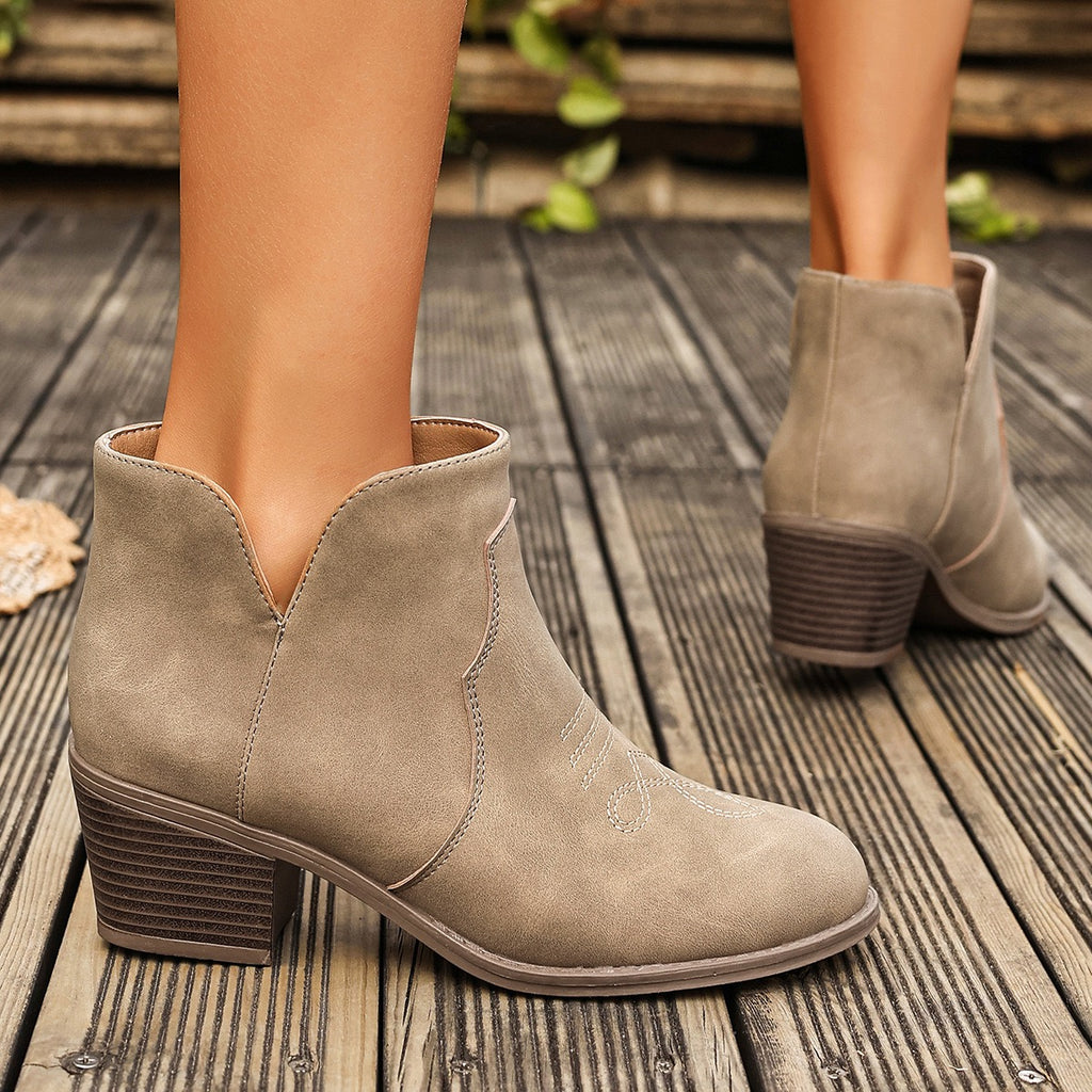 Willa khaki Western ankle boots, side lifestyle view
